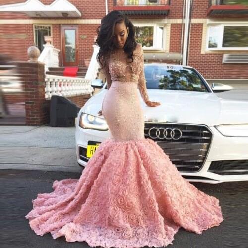 Robe de Soiree African Luxury Mermaid Prom Dresses 2017 Sexy Sheer Lace Crystal Rose Ruffles Pink Long Evening Party Dress