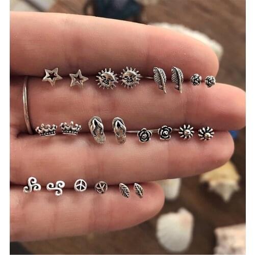 KISSWIFE 11 Pairs/Set Boho Crown Leaves Flowers Stars Silver Color Earring Set Women Peace Om Symbols Earring Personality Party