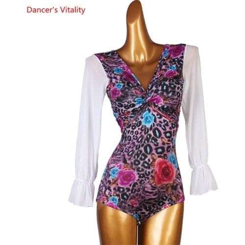 Latin Dance Top Female Adult Elegant Printing Body Suit Practice Clothes profession Custom Long sleeve Performance Onesies