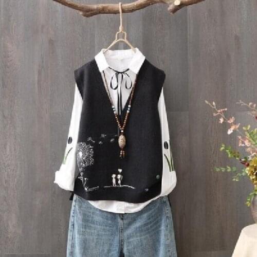 Black Japan Korean Spring Fall V-neck Knit Sleeveless Sweater Vest Loose Coat Outcoat Lady Top Cloth for Women girl Waistcoat