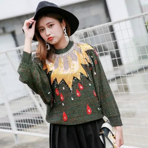 Vintage Women Sweater Pullovers O-Neck Knit Tops Green Sequin Beading Back Zipper Casual Streetwear Long Sleeve Jumper Jersey