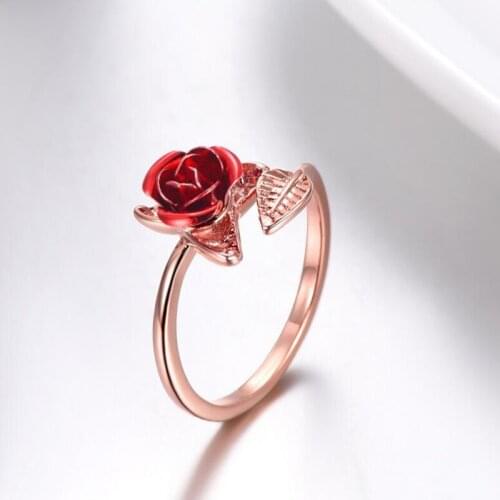 Women Ring Red Rose Garden Flower Leaves Open Ring Resizable Finger Rings For Women Valentines Day Gift Jewelry