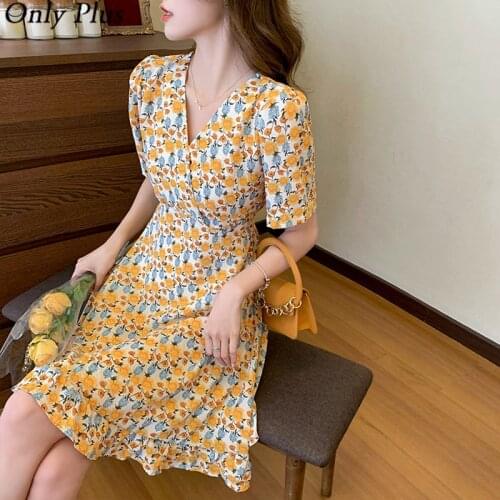 2021 Summer Short-Sleeved Small Temperament Chiffon Floral Dress Lady Waist Slimming Skirt A-LINE V-Neck Butterfly Female’s
