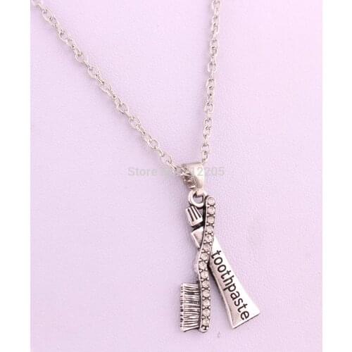 1pcs Zinc studded with sparkling crystals Toothbrush and Toothpaste Crystal Pendant with link chain necklace