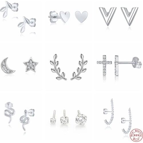 GS 925 Sterling Silver Various Moon Star Snake Shaped Stud Earrings For Women Cubic Zirconia Jeweled Crown Ear Stud Jewelry