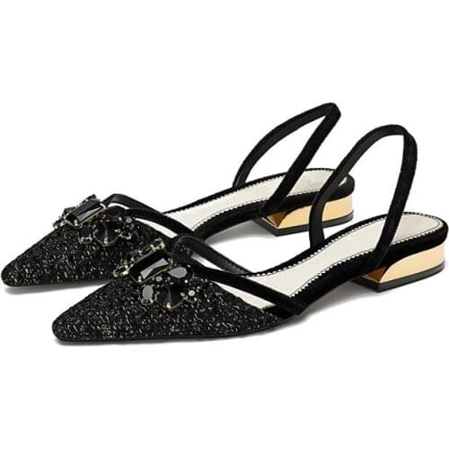 Pointed Toe Hollow Strap Sandals Womens Summer New Rhinestone String Jewelry Baotou Half Drag Mid-heel Womens Shoes