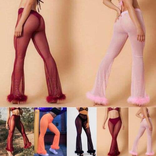 Brand 2019 Ice Silk Glossy Transparent Flare Pant Sheer Crotchless Exotic Pants Erotic Lingerie Sexy Underwear Legging Capris