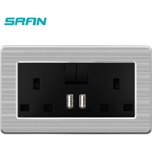 British UK 13A Standard Wall Power Socket with USB and Light Switch Gentleman Noble Style Socket Luxury Stainless steel frame