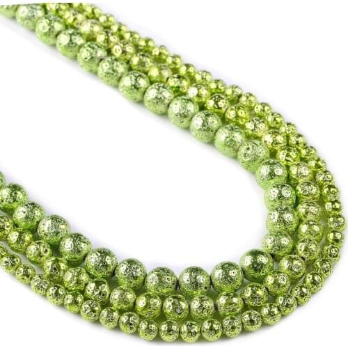 Lava Beads, Green Plating Volcanic Rock Beads, Round Gemstone Beads, Electroplated, Sizes 6mm, 8mm 10mm, Full Strand 15"