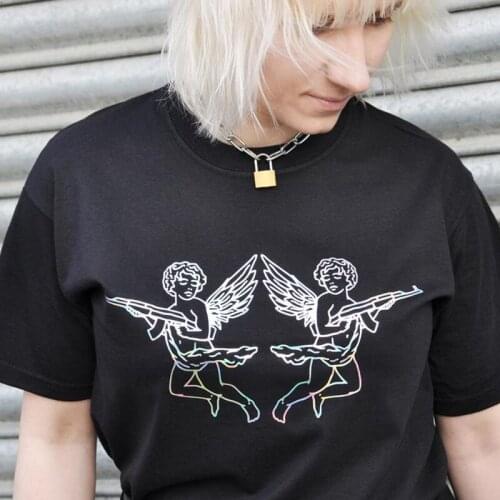 Funny Angels With Guns Graphic Unisex Black Cotton Tees Plus Size Loose Grunge Shirts Short Sleeve Round Neck Aesthetic T shirt