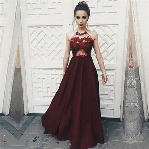 Halter Burgundy A-Line Prom Dresses Lace Appliques Sexy Backless Custom Made Formal Special Occasion Party Gowns Simple Spring