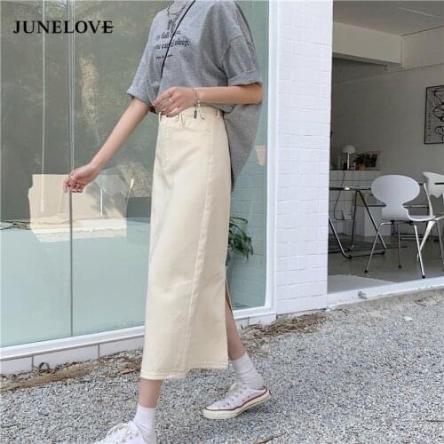 JuneLove 2021 Long Denim Skirt Women Street Wear High Waist Jeans Skirt Straight A-line Pencil Skirt Elegant Summer Hot Sale