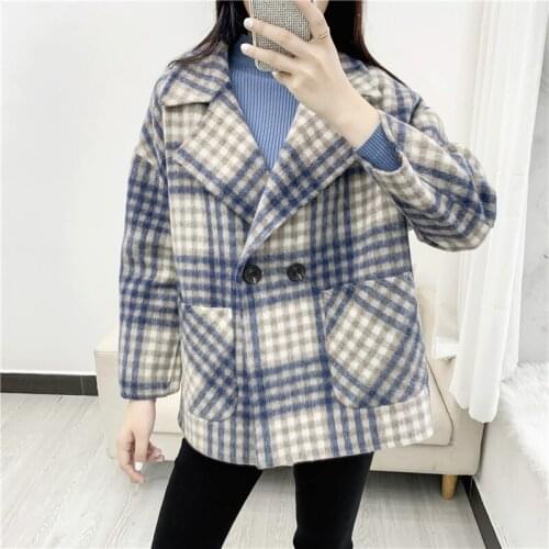 Plaid Wool Jacket Casual Tops 2021 Spring Autumn New Womens Pocket Short Small Suit Woolen Coat Warm Loose Female Overcoat