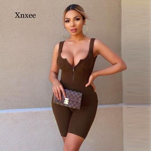 Summer Solid Jumpsuit Women Casual Sleeveless Bodysuit Sexy Push Up Playsuits Zipper Knitted Rompers Female Seamless Overalls