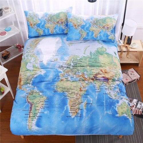 Blue World Map Bedding Set Printed Bed Duvet Cover with Pillowcase Twill Queen King Home Textiles Single Sizes 3 Pieces