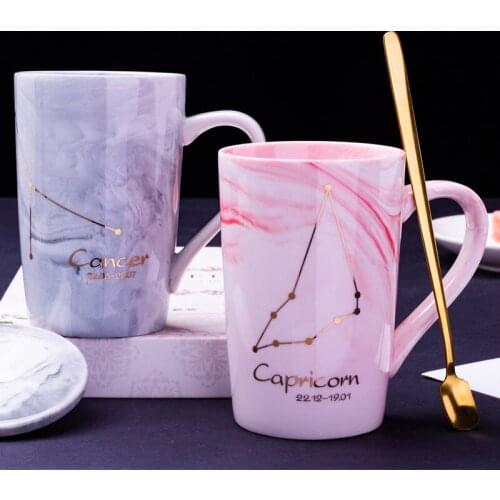Creative Ceramic Mugs 12 Constellations Mugs with Spoon Lid Pink and Gery Zodiac Coffee Tea Milk Cups Drinkware Novelty Gifts