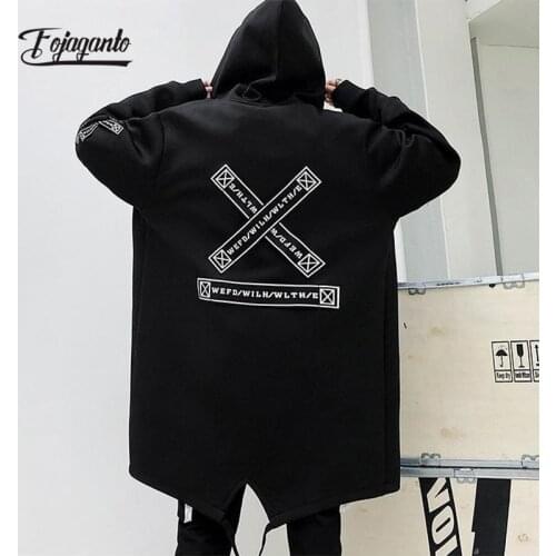 FOJAGANTO Mens Autumn New Hooded Jacket Mid-Length Trendy Windbreaker Pure Color Hip-Hop High Street Loose Cardigan Jacket Men