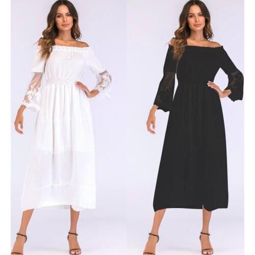 Summer Elegant Off Shoulder White Long Dress Women Lace Sheer Mesh Patchwork Boho Dress 2021 Holiday Beach Maxi Dress