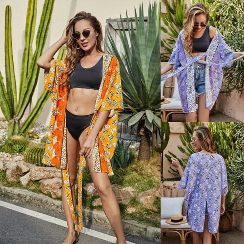 Summer Simple Fashion Women Swimsuit Cover Girls Leopard Floral Print Lace-Up Half Sleeves Sun-Proof Smock Indoor And Outdoor