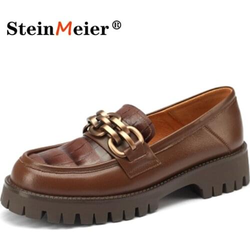 Chunky Loafers Women Genuine Cow Leather Platform Shoes Round Toe Metal Chain Slip on Ladies Flats Handmade