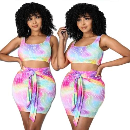 Fashion Beach Style 2 Piece Sets Womens Outfits Summer Tie Dye Round Collar Sleeveless Top Bandage Skirt Tracksuit Custom