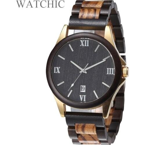 Classic cowboy Style Wood Steel Men Wood Band Watch Steel Wooden Gold color Wristwatch gift idea with Date for Men
