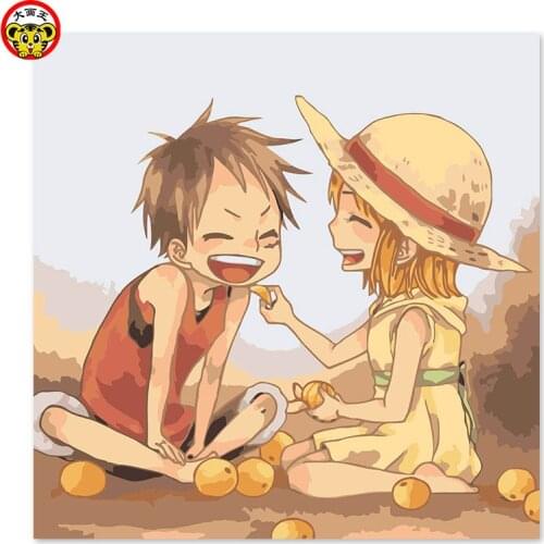 Painting by numbers art paint by number One Piece, little boys and little girls, eating oranges, happy times DIY
