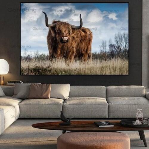 Highland Cow Cattle Animal Canvas Art Nordic Painting Posters and Prints Scandinavian Wall Picture for Living Room Decoration