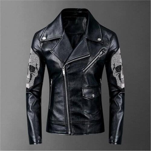 Autumn 2019 new punk Black locomotive mens long sleeve leather coat skull Lapel fit casual PU leather jacket