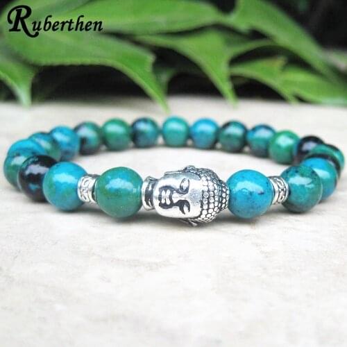 Ruberthen Womans Buddha Charm Bracelet Natural Chrysocolla Gem stones Bracelet Yoga Prayer Bracelet Spiritual Tibetan Jewelry