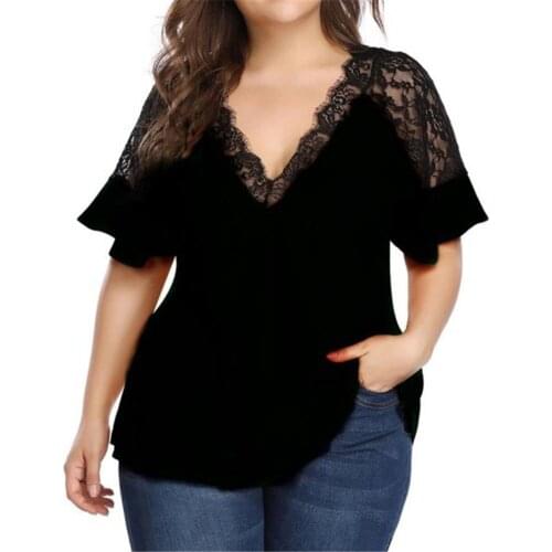 Sexy tops Women Blouses Short Ruffled Sleeve Deep V Neck Lace Patchwork Loose Blouse блузка женская ropa de mujer 2020