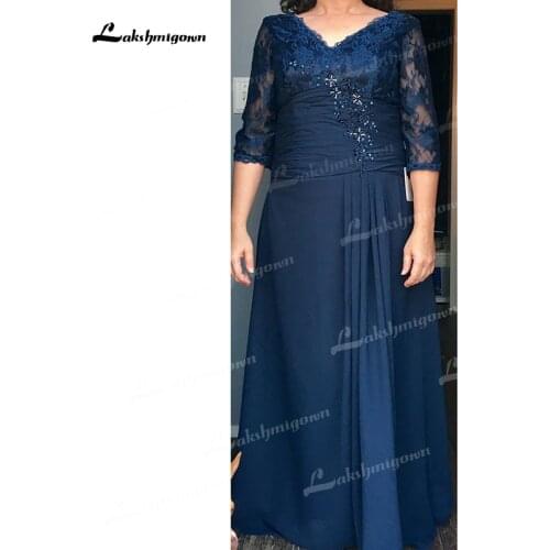 Chiffon Lace Beading Pleats Mother of the Bride Dresses Three Quarter vestido de noit Vintage Formal Dress for Wedding Party