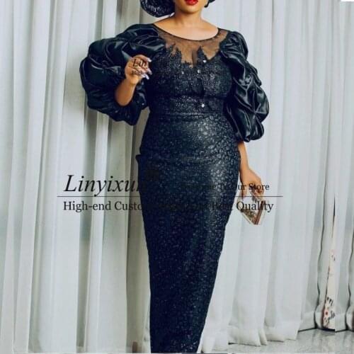African Plus Size Mermaid Evening Dresses Long Sleeves Beads Sheer Neck Prom Dress Lace Pleats Aso Ebi robe de soirée de mariag