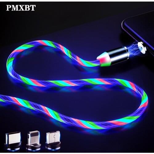 LED Glow Flowing Magnetic Charger Cable Luminous Lighting Fast Charging Micro USB Type C For iPhone Android Phone USBC Wire Cord