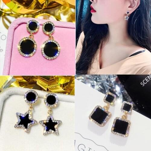 Statement Earrings 2019 Black Square Star Crystal Earrings For Women Gold Color Rhinestone Wedding Earings Fashion Jewelry Boho