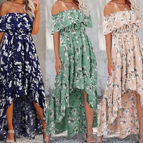 European and American womens fashion princess dress short sleeve off shoulder floral dress