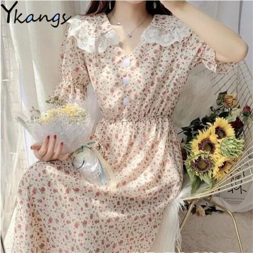 Floral Print Y2k A-line Retro Loose Casual Dress Women Lace Shawl V-Neck Button Chic Korean Harajuku Maxi Aesthetic Dress Female