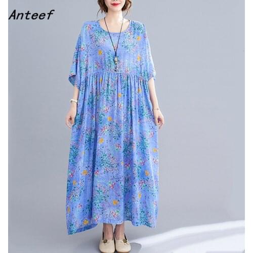 Short sleeve cotton vintage floral dresses for women casual loose long woman summer dress elegant clothes 2021