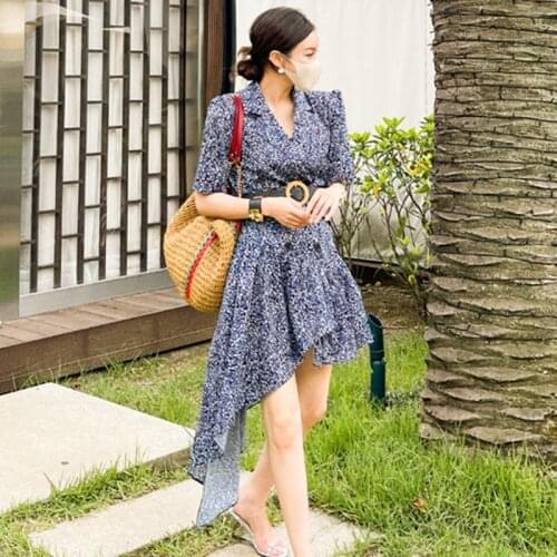 Fashion Summer Casual Double Breasted Long Party Dress Ladies OL Streetwear Vintage Short Sleeve Print Sashes Asymmetrical Dress