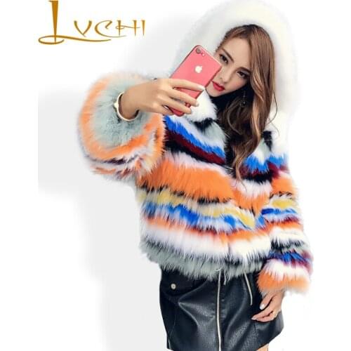 LVCHI 2019 Women Colorful Knitted Fox Fur women Winter real fur Wide-waisted Outerwear autumn real fur Thicker Short Coat