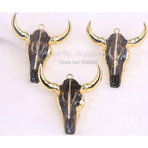 4PCS Buffalo Cattle Head Pendant Beads, Resin Gold Electroplated Skull Head Pendant