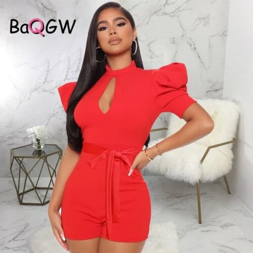 BaQGW Sexy Hollow Out Women Summer Puff Sleeve Vintage Playsuit Party Female High Waist Shorts Rompers Turtleneck Slim Jumpsuit