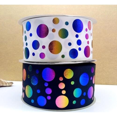 Free shipping 50 yard 3 inch rainbow color dots hologram ribbon foil printed grosgrain ribbon