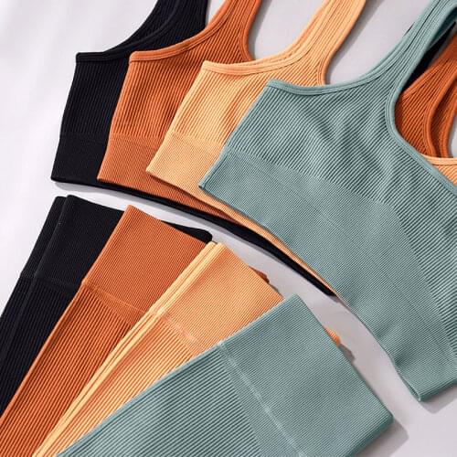 Seamless Yoga Set Women Running Leggings Fitness Sport Gym Suit Workout Clothing U Neck & Square Neck Top Sportswear Set