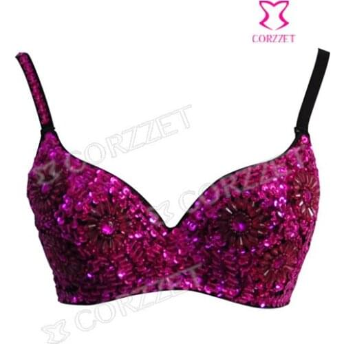 New Unique 3/4 B Cup Female Rose Red Shinning Floral Beaded Sequined Underwire Push Up Sexy Bralet Womens Punk Bra With Straps