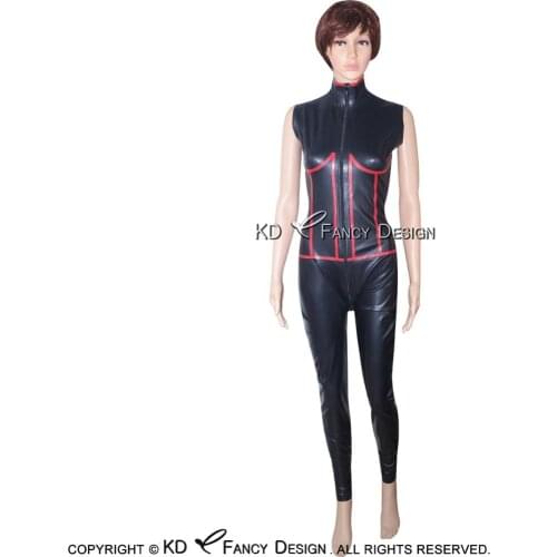 Black With Red Sexy Latex Catsuit With Fake Corset Decoration Front Zipper Rubber Bodysuit Zentai Overall Body Suit LTY-0016