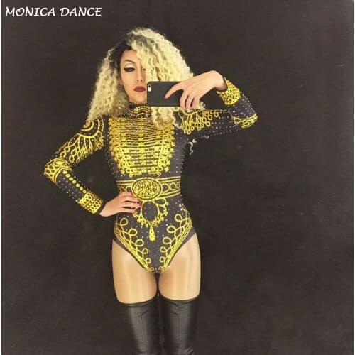 Black Gold Rhinestones Printed Long Sleeve Sexy Stage Leotard Singer Dance Costume Stage Nightclub Women Birthday Show Bodysuit