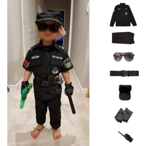 Children Halloween Policeman Cosplay Costumes Kids Carnival Party Special Police Force Uniform 110-160cm Boys Policemen Hat Sets