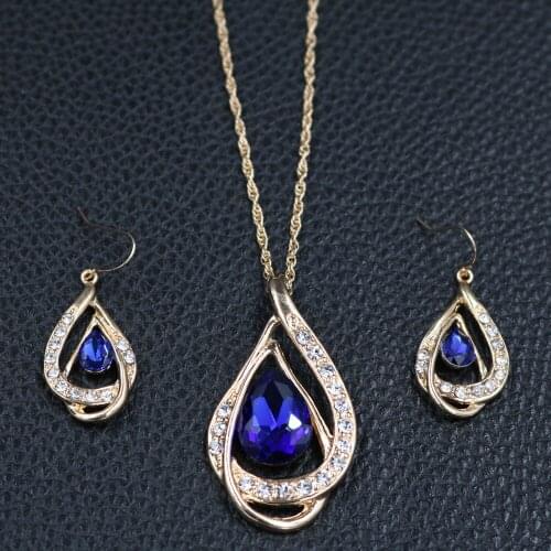 Elegant 4 colors Crystal Teardrop Pendant Necklace and Earrings Set Women Wedding Jewelry Sets Party Costume Accessories