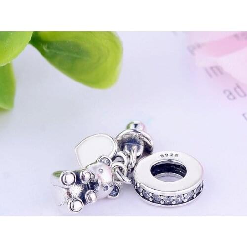 925 Sterling Silver Teddy Bear Baby Pacifier Enamel Heart Bead Pendant Fit Original Pan Charm Bracelet Making Berloque